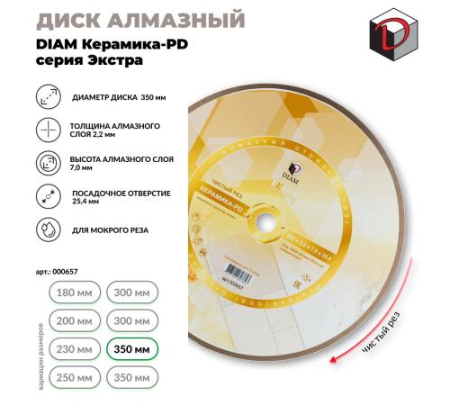 Диск алмазный отрезной сплошной DIAM 350 мм Керамика ПД, серия Экстра  000657