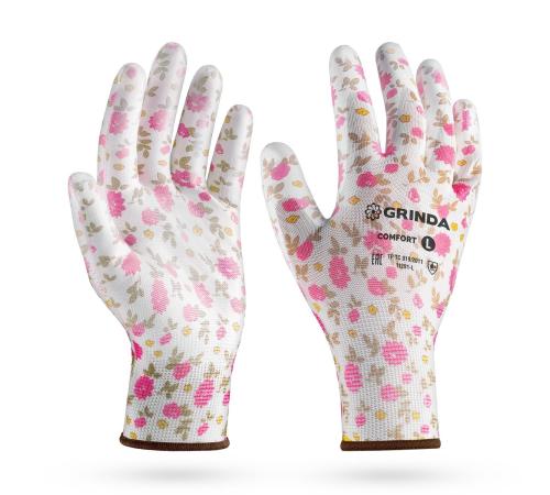 GRINDA COMFORT, L (9), садовые перчатки с прозрачным полиуретановым покрытием, розовые, 13 класс (11291-L)