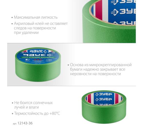 ЗУБР №300 36 мм х 25 м, для грубых и шероховатых поверхностей, малярная лента, Профессионал (12143-36)