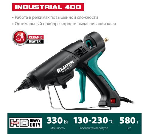 KRAFTOOL Industrial 400, d 11 - 12 мм, 50 г/мин, 130 - 230°C, электрический термоклеевой пистолет (06843-300-12)