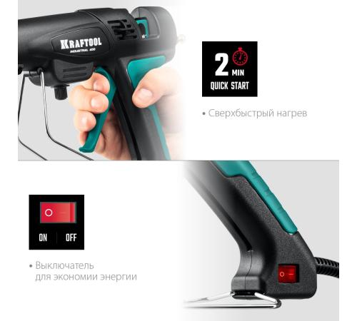 KRAFTOOL Industrial 400, d 11 - 12 мм, 50 г/мин, 130 - 230°C, электрический термоклеевой пистолет (06843-300-12)
