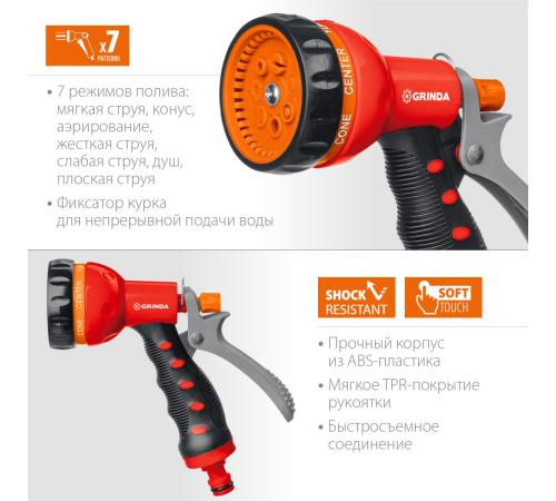 GRINDA T-7, 7 режимов, курок сзади, пластиковый с TPR, поливочный пистолет (8-427185)