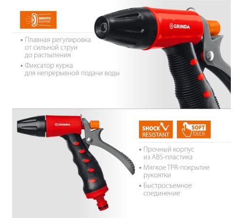 GRINDA T-R, плавная регулировка, курок сзади, пластиковый с TPR, поливочный пистолет (8-427186)