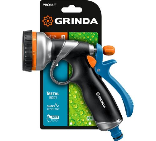 GRINDA RM-8, 8 режимов, курок сзади, металлический с TPR, поливочный пистолет, PROLine (8-427143)