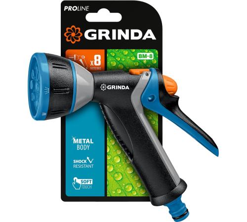 GRINDA BM-8, 8 режимов, курок сзади, металлический с TPR, поливочный пистолет, PROLine (8-427339)
