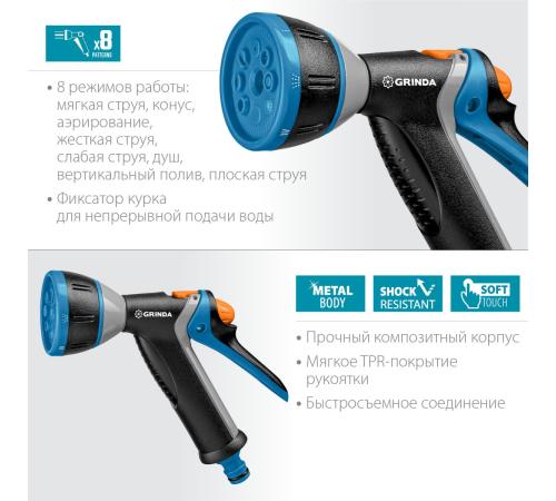 GRINDA BM-8, 8 режимов, курок сзади, металлический с TPR, поливочный пистолет, PROLine (8-427339)