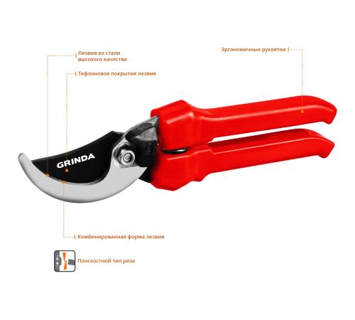 GRINDA G-33, 200 мм, закаленные лезвия, тефлоновое покрытие, пластиковые рукоятки, плоскостной секатор (40211)