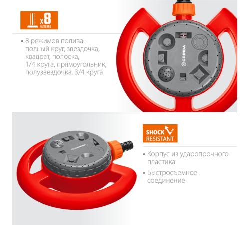 GRINDA GF-8, 8 режимов полива, на облегченной подставке, пластиковый, стационарный распылитель (8-427643)