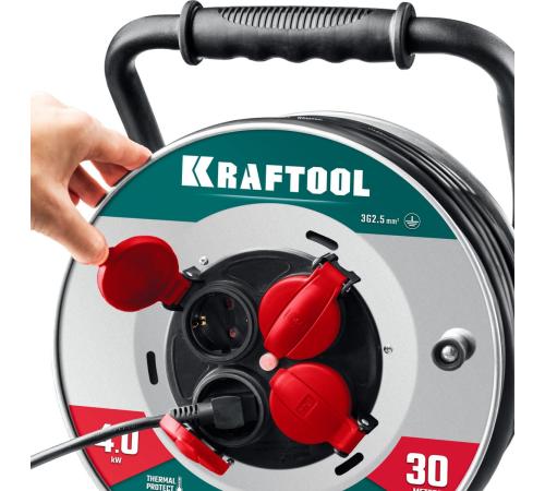 KRAFTOOL КГ 3х2.5 30м 4000Вт IP44, HEAVY DUTYСиловой удлинитель на стальной катушке (55086-30)