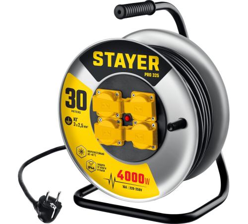 STAYER PRO-325, КГ, 3 х 2.5 мм2, 30 м, 4000 Вт, IP44, силовой удлинитель на стальной катушке (55076-30)