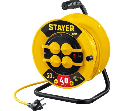 STAYER М-325, ПВС, 3 х 2.5 мм2, 50 м, 4000 Вт, IP44, силовой удлинитель на катушке (55064-50)