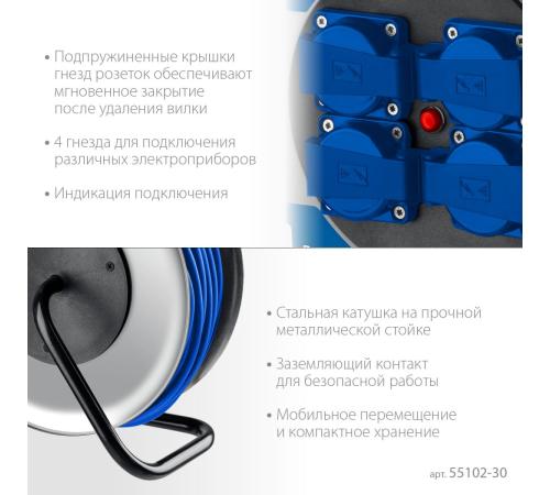 ЗУБР ПВС-325, ПВС, 3 x 2.5 мм2, 30 м, 4000 Вт, IP44, силовой удлинитель на стальной катушке, Профессионал (55102-30)