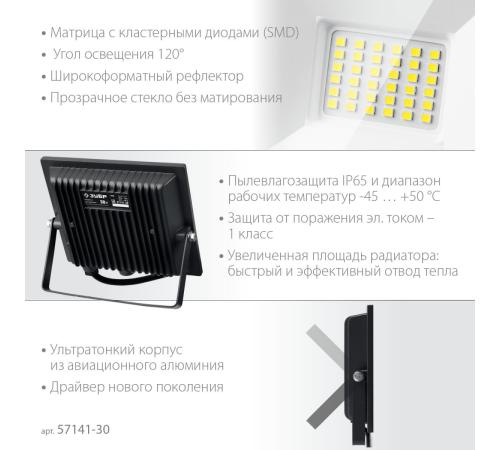 ЗУБР ПСК-30, 30 Вт, 6500 К, IP 65, светодиодный прожектор, Профессионал (57141-30)