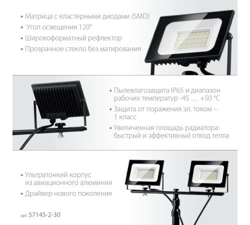 ЗУБР ПСК 30х2, 2 х 30 Вт, 6500 К, IP 65, 1.6 м, светодиодные прожекторы на штативе, Профессионал (57145-2-30)
