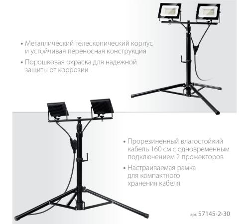 ЗУБР ПСК 30х2, 2 х 30 Вт, 6500 К, IP 65, 1.6 м, светодиодные прожекторы на штативе, Профессионал (57145-2-30)