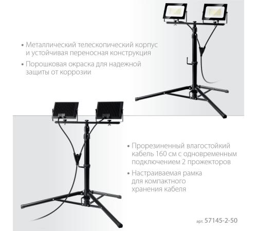 ЗУБР ПСК 50х2, 2 х 50 Вт, 6500 К, IP 65, 1.6 м, светодиодные прожекторы на штативе, Профессионал (57145-2-50)