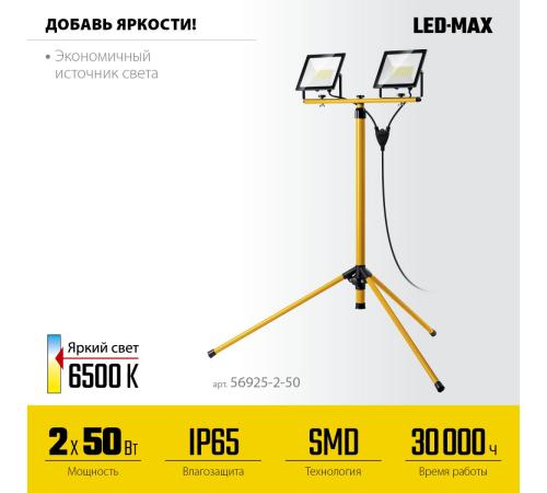 STAYER LED-MAX, 2 х 50 Вт, 6500 К, IP 65, 1.6 м, светодиодные прожекторы на штативе (56925-2-50)