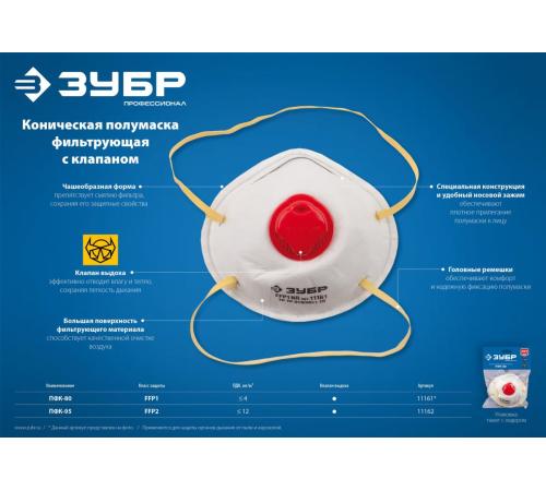 ЗУБР ПФК-80, класс защиты FFP1, коническая, фильтрующая полумаска с клапаном выдоха (11161)