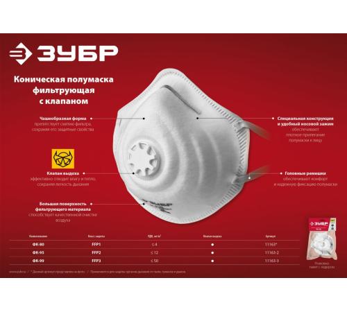 ЗУБР ФК-99, класс защиты FFP3, коническая, фильтрующая полумаска с клапаном выдоха (11163-3)