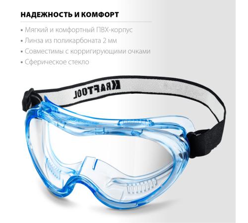 KRAFTOOL PANORAMA стекло из поликарбоната с покрытием от царапин и запотевания, обтюратор из PVC, непрямая вентиляция, защитные очки (11008)