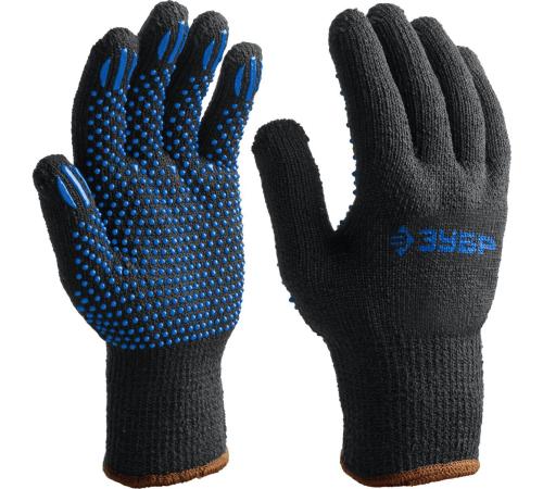 ЗУБР МАСТЕР, L-XL, трикотажные перчатки с точечным ПВХ покрытием, утеплённые, противоскользящие (11462-XL)