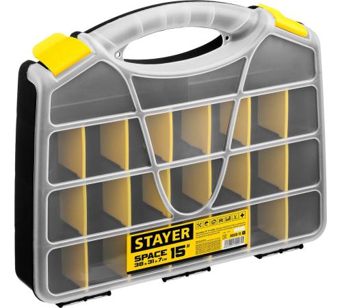STAYER SPACE-15, 380 х 310 х 70 мм, (15″), пластиковый органайзер с 21 ячейкой (38038-15)