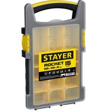 STAYER ROCKET-15, 280 x 320 x 50 мм, (11″), пластиковый органайзер с 15 съемными лотками (2-38031)