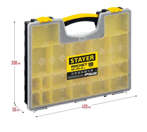 STAYER ROCKET-19, 420 x 330 x 50 мм, (16.5″), пластиковый органайзер с 19 съемными лотками (2-38032)