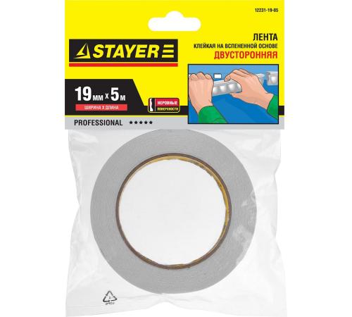 STAYER 19 мм, 5 м, белая, на вспененной основе, двухсторонняя клейкая лента, Professional (12231-19-05)
