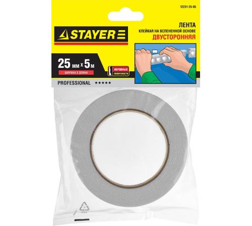 STAYER 25 мм, 5 м, белая, на вспененной основе, двухсторонняя клейкая лента, Professional (12231-25-05)