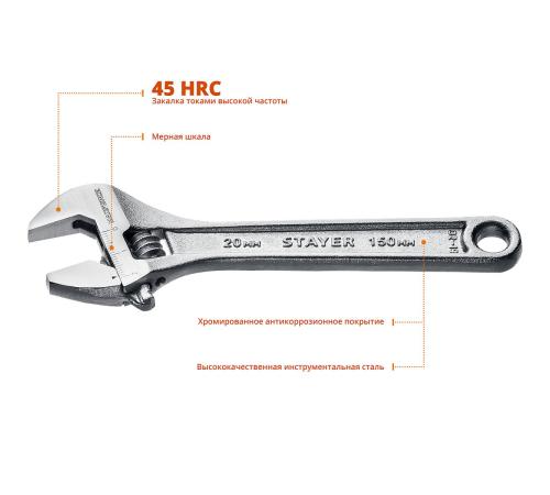STAYER MAXFORCE, 150/20 мм, разводной ключ (2725-15)