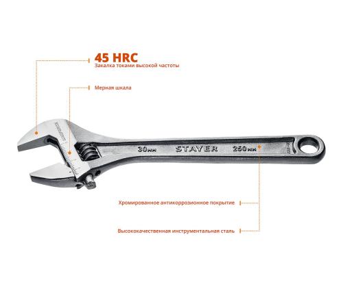 STAYER MAXFORCE, 250/30 мм, разводной ключ (2725-25)