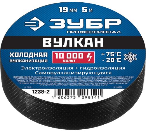 ЗУБР ВУЛКАН, 19 мм х 5 м, 10 000 В, черная, самовулканизирующаяся изолента, Профессионал (1238-2)
