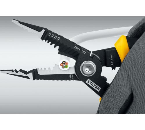 STAYER XM-21, резка d 14мм, зачистка 0.75 – 25 мм2, кримпер 2.5 мм2, плоскогубцы 210 мм, электромонтажные клещи, Professional (23342-21)