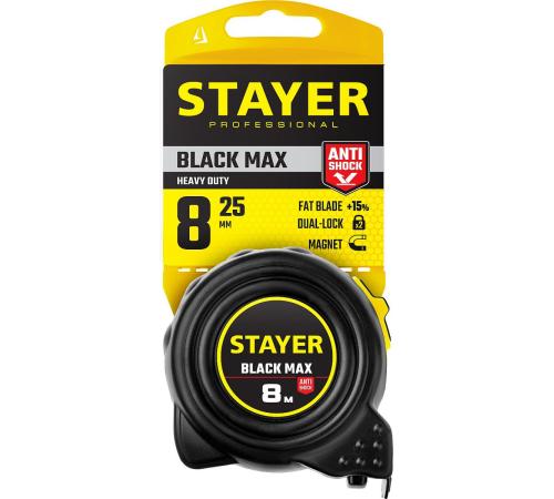 STAYER BlackMax, 8 м х 25 мм, рулетка с двумя фиксаторами, Professional (3410-08)
