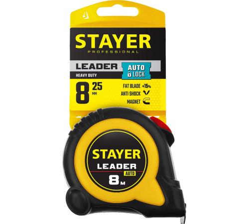 STAYER Leader, 8 м х 25 мм, рулетка с автостопом, Professional (3402-08-25)