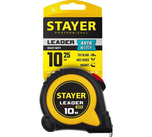 STAYER Leader, 10 м х 25 мм, рулетка с автостопом, Professional (3402-10-25)