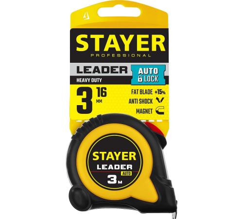 STAYER Leader, 3 м х 16 мм, рулетка с автостопом, Professional (3402-3)