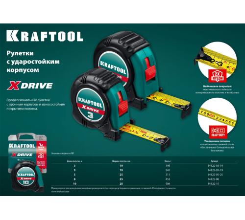KRAFTOOL X-Drive, 8 м х 25 мм, рулетка (34122-08)