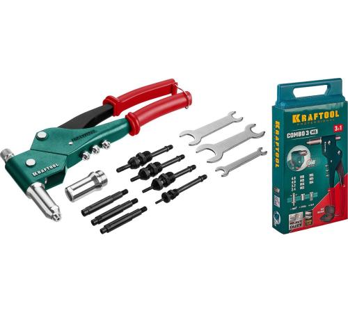KRAFTOOL Combo3-M6, 360°, 3 вида заклёпок, комбинированный поворотный заклепочник в кейсе (31178)