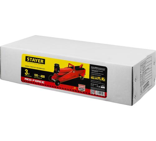 STAYER R-33 RED FORCE, 3 т, 135 - 400 мм, подкатной домкрат с увеличенным подъемом, Professional (43154-3)
