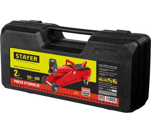STAYER R-22 RED FORCE, в кейсе, 2 т, 125 - 320 мм, подкатной домкрат для легковых а/м, Professional (43152-2-K)