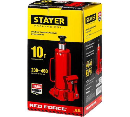 STAYER RED FORCE, 10 т, 230 - 460 мм, бутылочный гидравлический домкрат, Professional (43160-10)