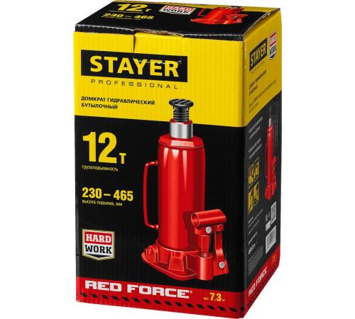 STAYER RED FORCE, 12 т, 230 - 465 мм, бутылочный гидравлический домкрат, Professional (43160-12)