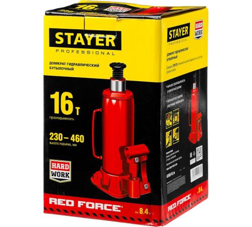 STAYER RED FORCE, 16 т, 230 - 460 мм, бутылочный гидравлический домкрат, Professional (43160-16)