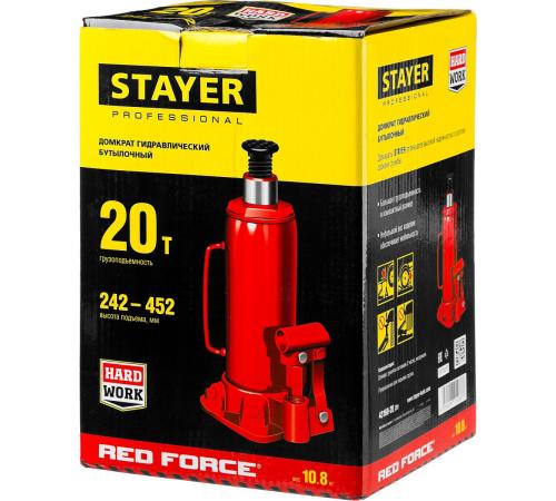 STAYER RED FORCE, 20 т, 242 - 452 мм, бутылочный гидравлический домкрат, Professional (43160-20)