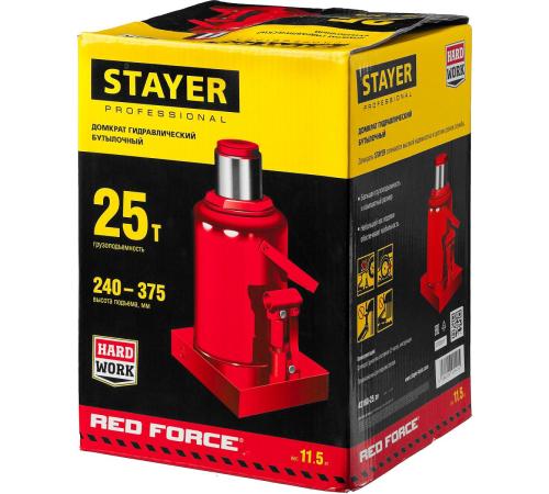 STAYER RED FORCE, 25 т, 240 - 375 мм, бутылочный гидравлический домкрат, Professional (43160-25)