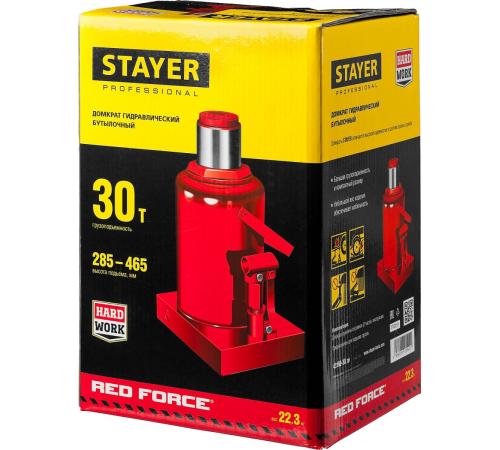STAYER RED FORCE, 30 т, 285 - 465 мм, бутылочный гидравлический домкрат, Professional (43160-30)