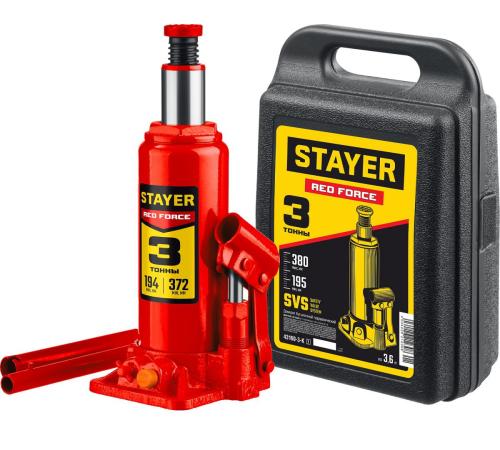 STAYER RED FORCE, в кейсе, 3 т, 194 - 375 мм, бутылочный гидравлический домкрат, Professional (43160-3-K)