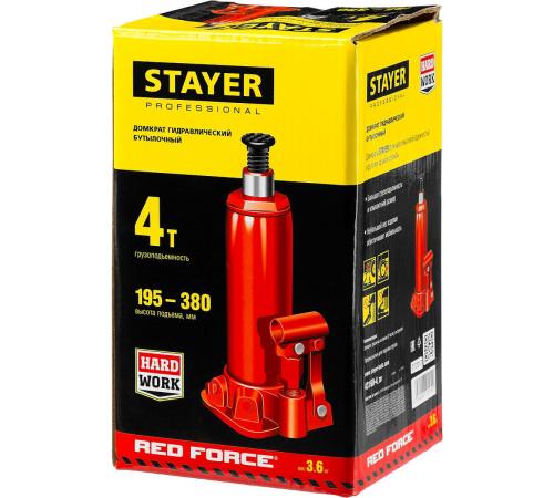 STAYER RED FORCE, 4 т, 195 - 380 мм, бутылочный гидравлический домкрат, Professional (43160-4)